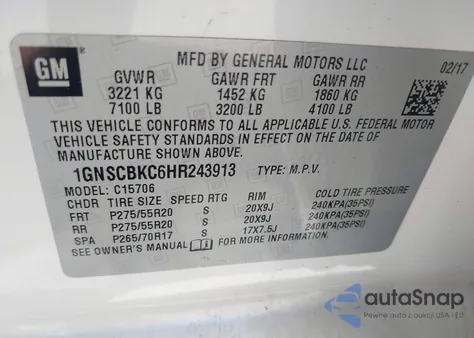2017 Chevrolet Tahoe Lt from USA, damaged, VIN 1GNSCBKC6HR243913